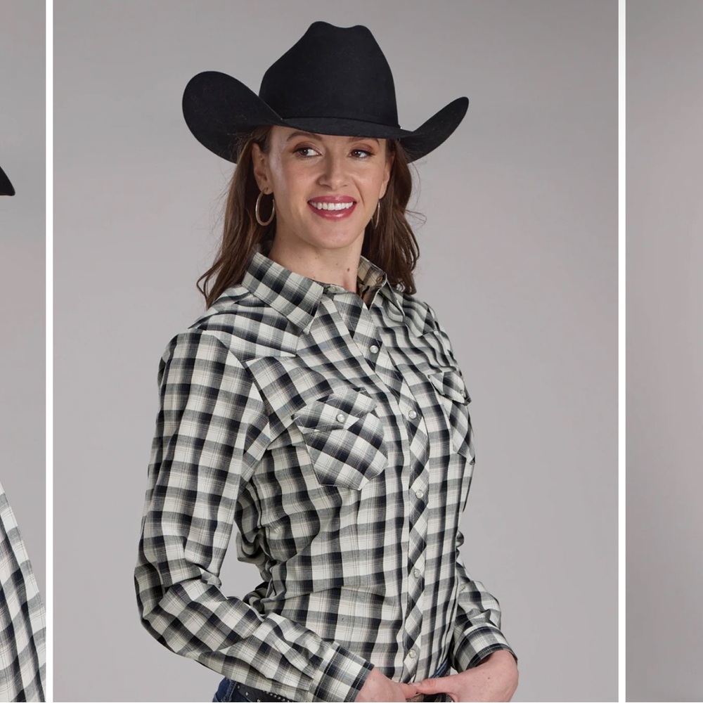 Roper Women's Black & Blue Cream Plaid Lomg Sleeve Snap Western Shirt Size S